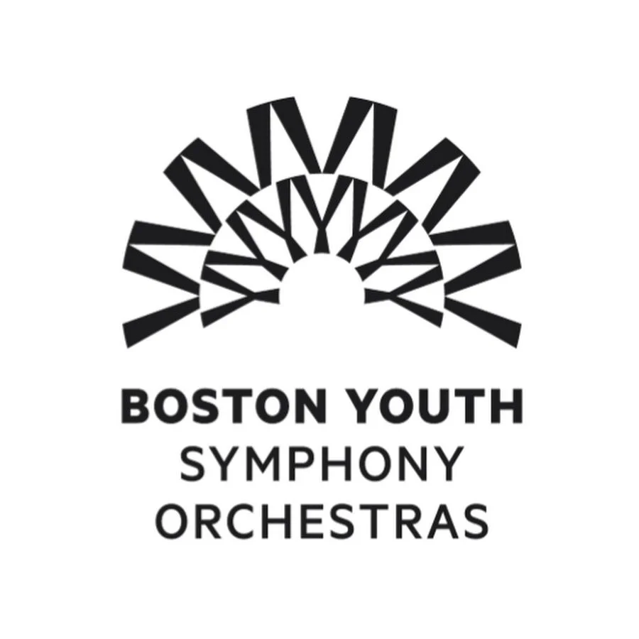 Logo of the Boston Youth Symphony Orchestras featuring stylized black musical notes arranged in an arch above the organization's name.