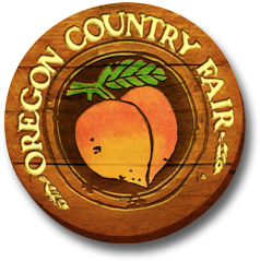 Oregon Country Fair logo featuring a peach with a face, inside a circular wooden sign