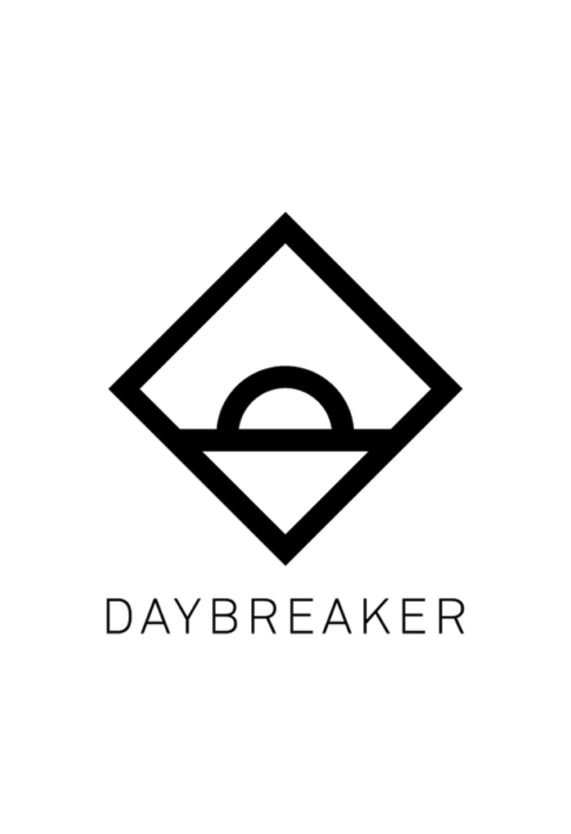Black and white logo with a geometric mountain and sun design, and the text "DAYBREAKER" underneath.