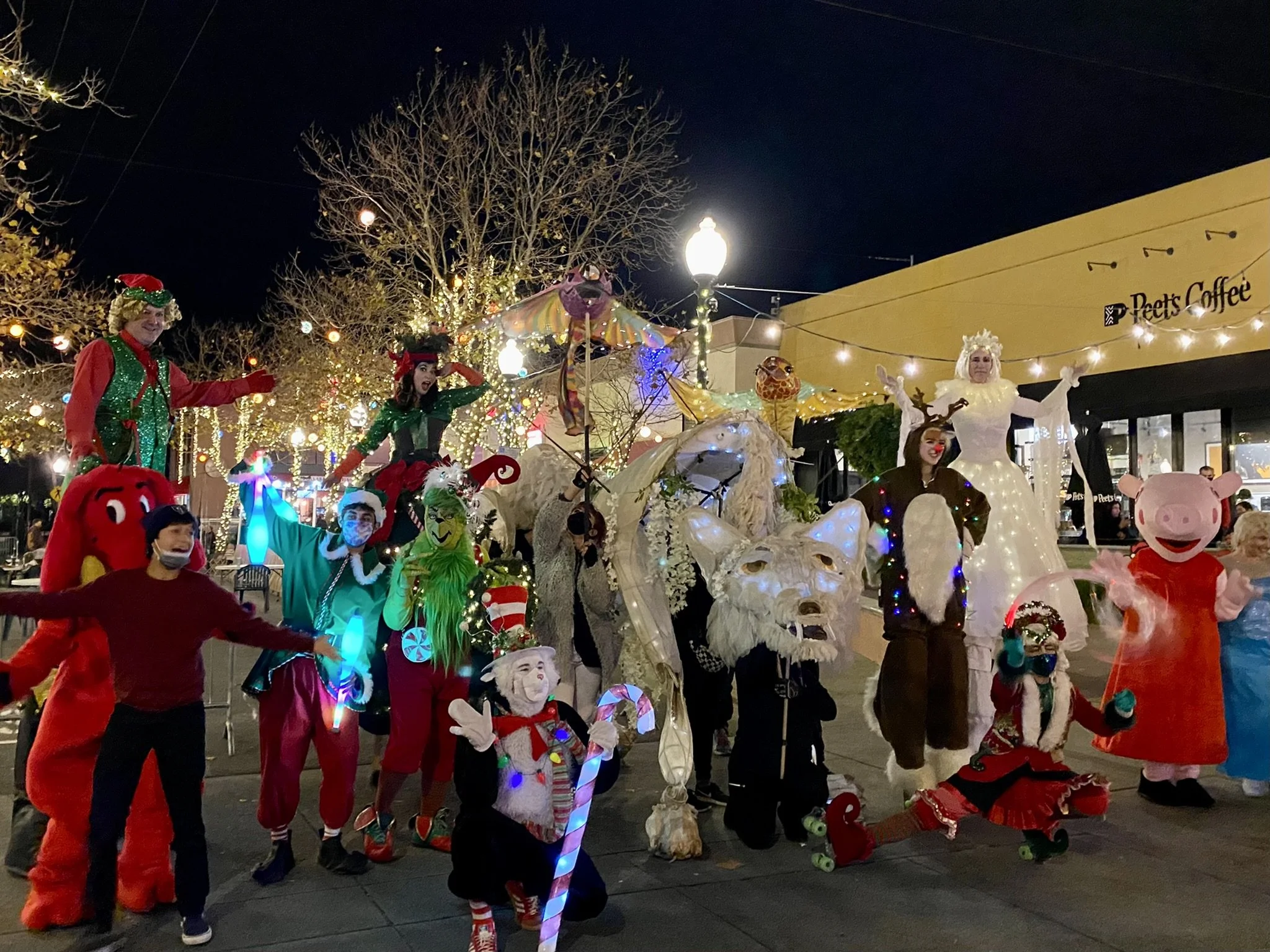 People in colorful Christmas costumes and mascot costumes like Peppa Pig and characters from The Grinch and the holiday season, standing outside at night in front of decorated trees with lights, some waving and posing.