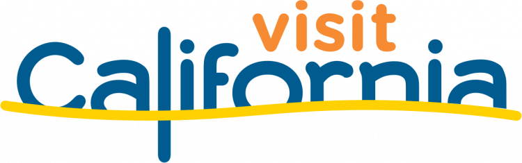 Text graphic reading 'Visit California' with 'Visit' in orange and 'California' in blue, with a yellow underline.