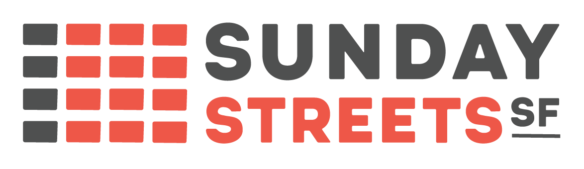 Logo for Sunday Streets SF featuring a grid of red squares and black text reading "SUNDAY STREET" with "SF" underneath