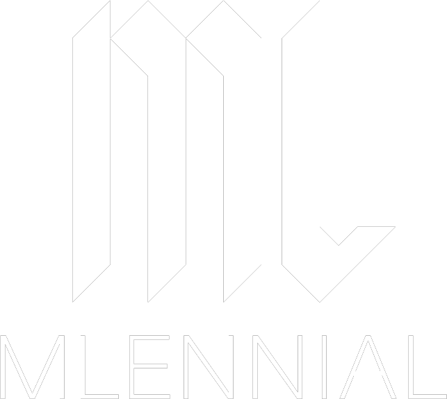 Stylized black and white logo with the word "MLENNNIAL" in capital letters beneath an abstract geometric design.