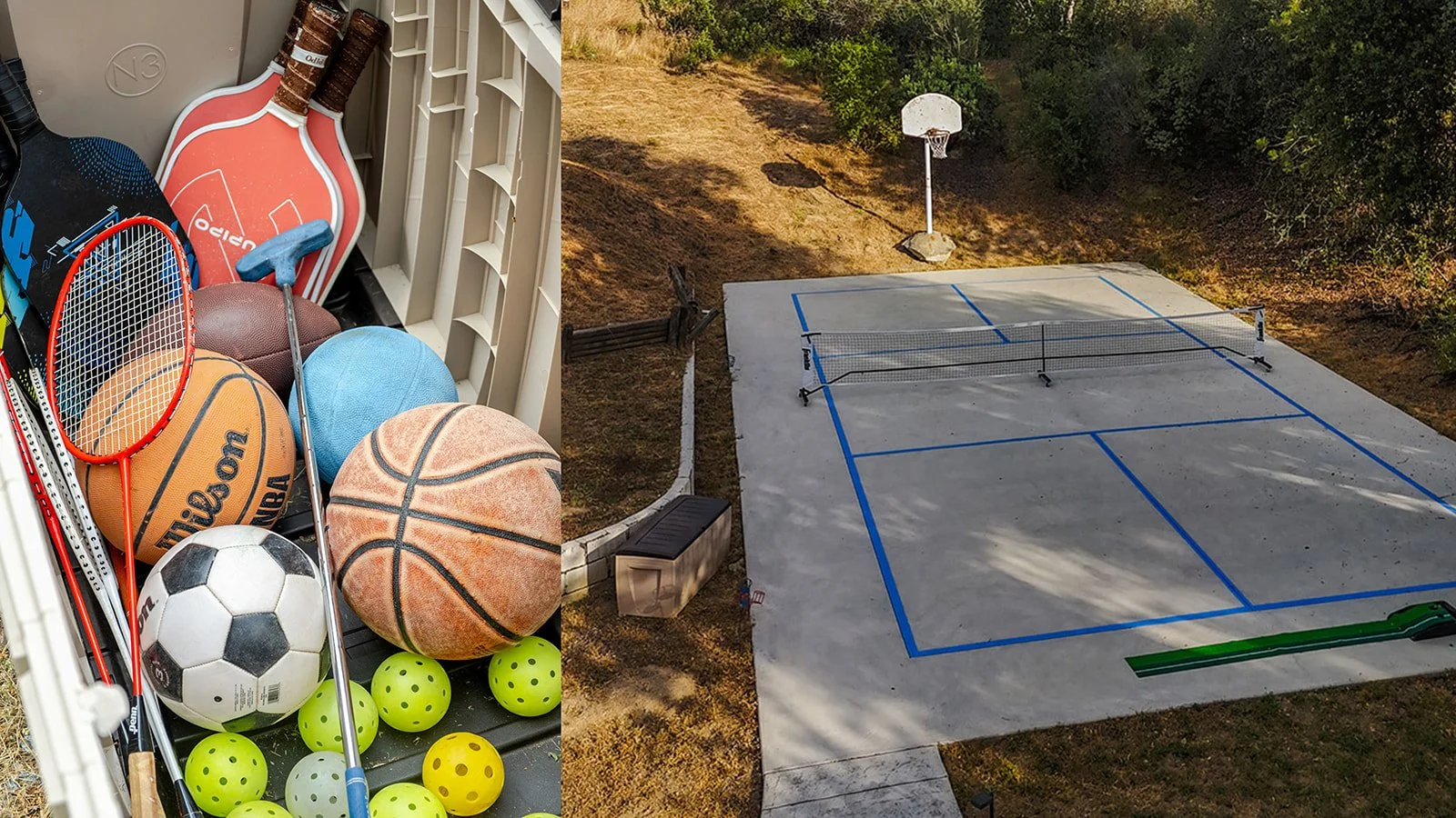 Image split in two showing sports equipment and an outdoor basketball court. The left side displays hockey sticks, basketballs, tennis rackets, a soccer ball, and various sports balls inside a storage area. The right side shows an empty outdoor baske