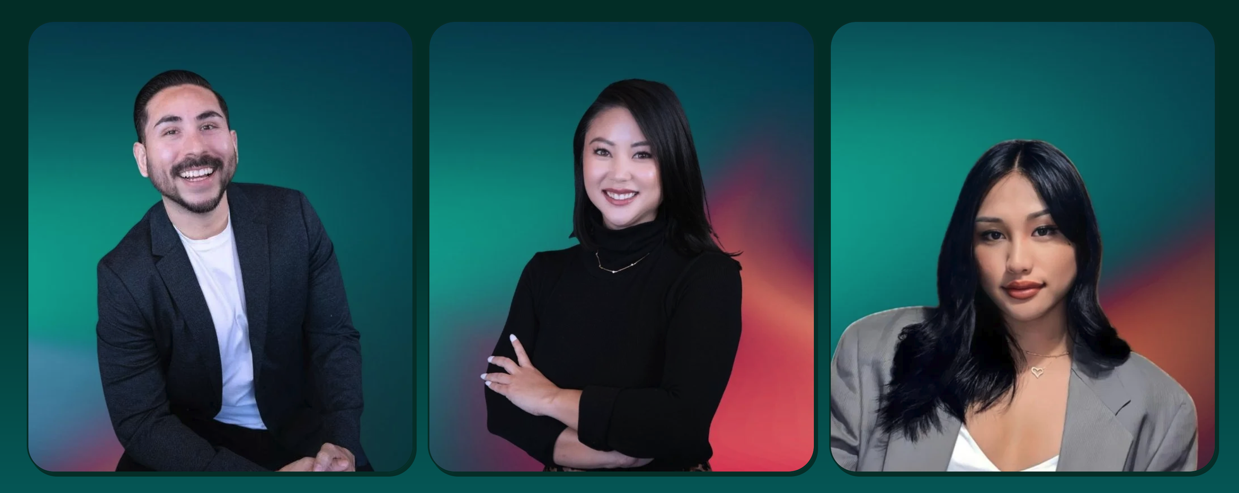 Three professional headshot portraits of diverse individuals against colorful gradient backgrounds.