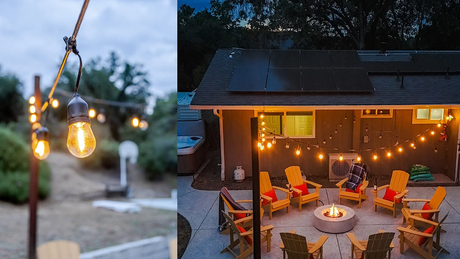 A cozy backyard arrangement with string lights hanging above a fire pit surrounded by yellow Adirondack chairs at dusk.