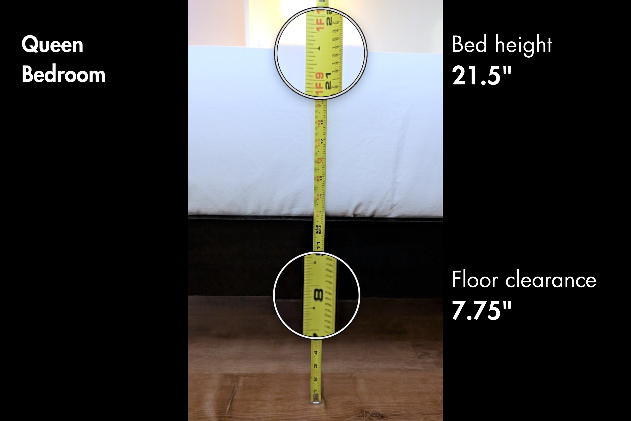 A tape measure extended vertically in front of a white box, indicating a bed height of 21.5 inches and a floor clearance of 7.75 inches, with black and white text on the sides of the image describing the measurements for a queen bedroom.