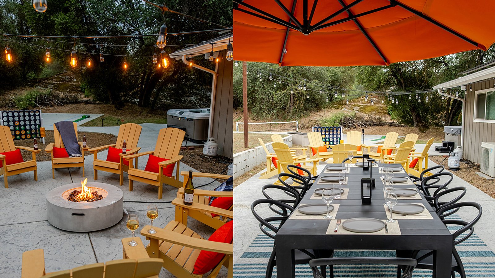 Split view of two outdoor dining and seating areas. The left shows a fire pit surrounded by yellow Adirondack chairs with red cushions, under string lights, with a hot tub and trees in the background. The right shows a dining table set with plates, g
