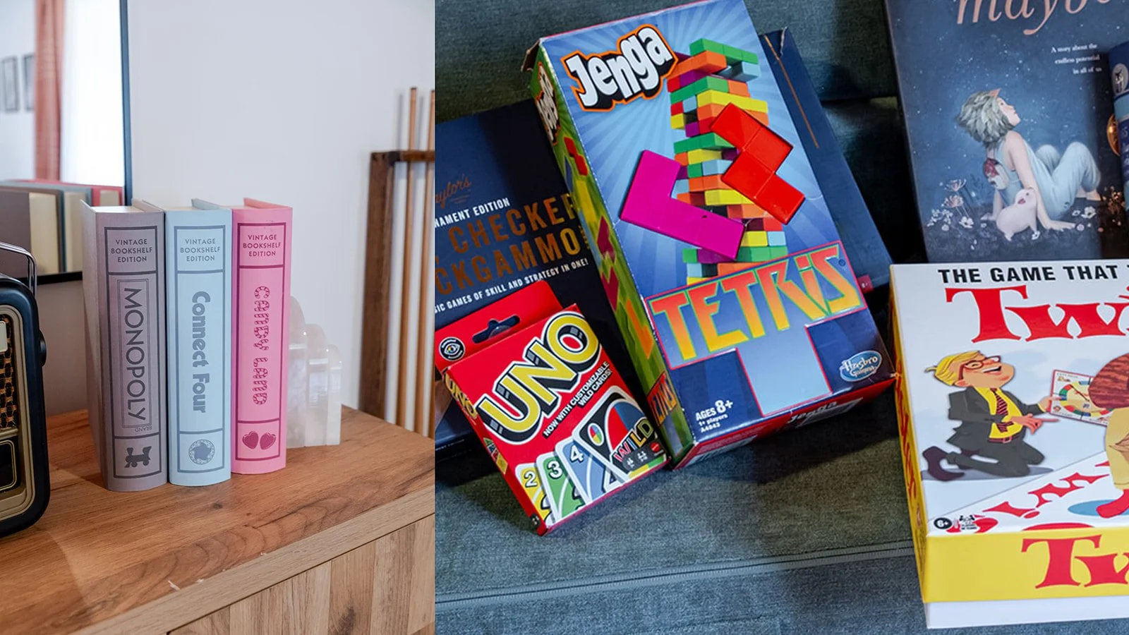 Books and board games on a wooden table and shelf, including Jenga, Uno, Tetris, and Twister.