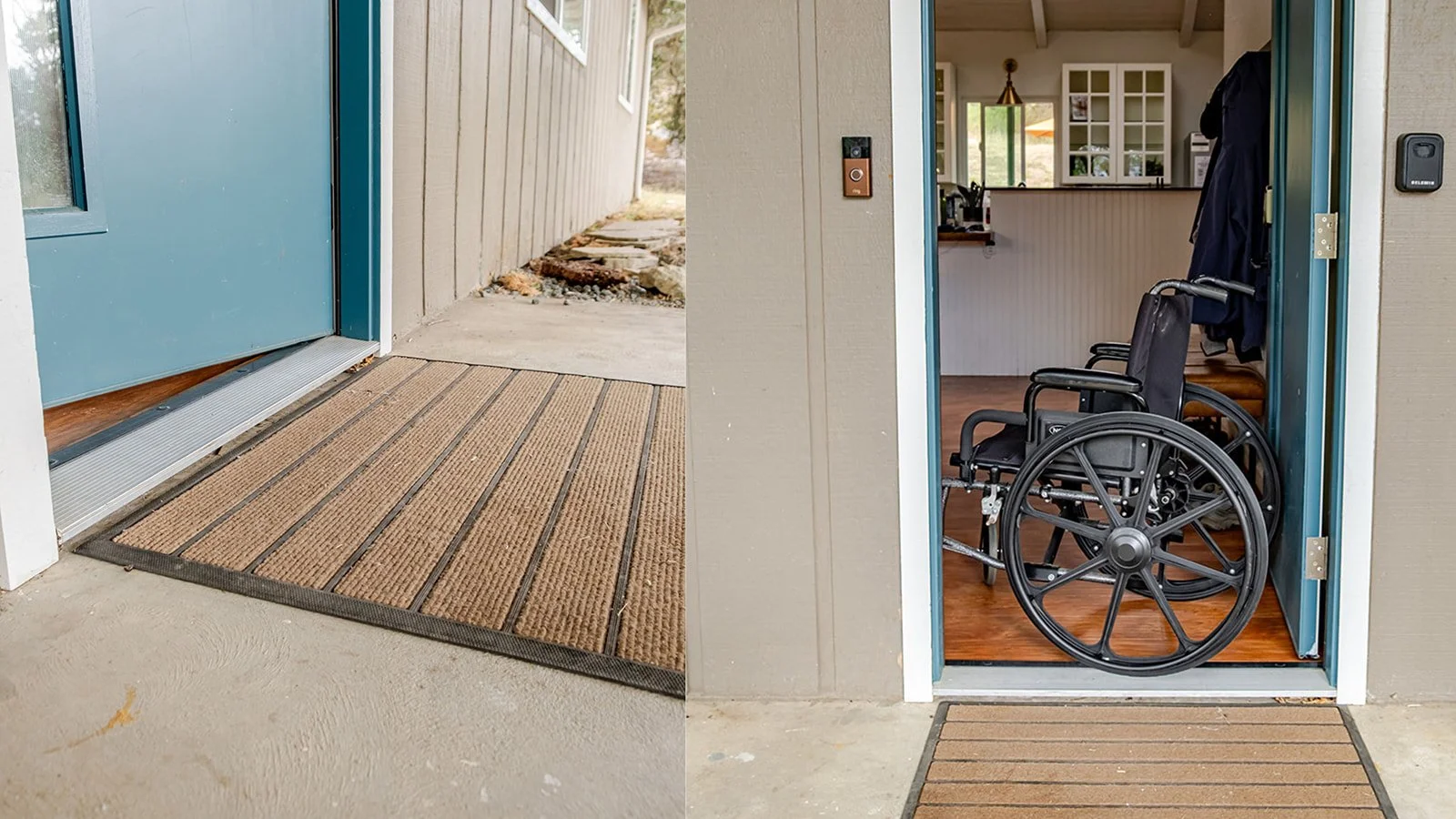The image shows an open front door with a wheelchair inside the house. Outside, there is a doormat and a concrete porch.