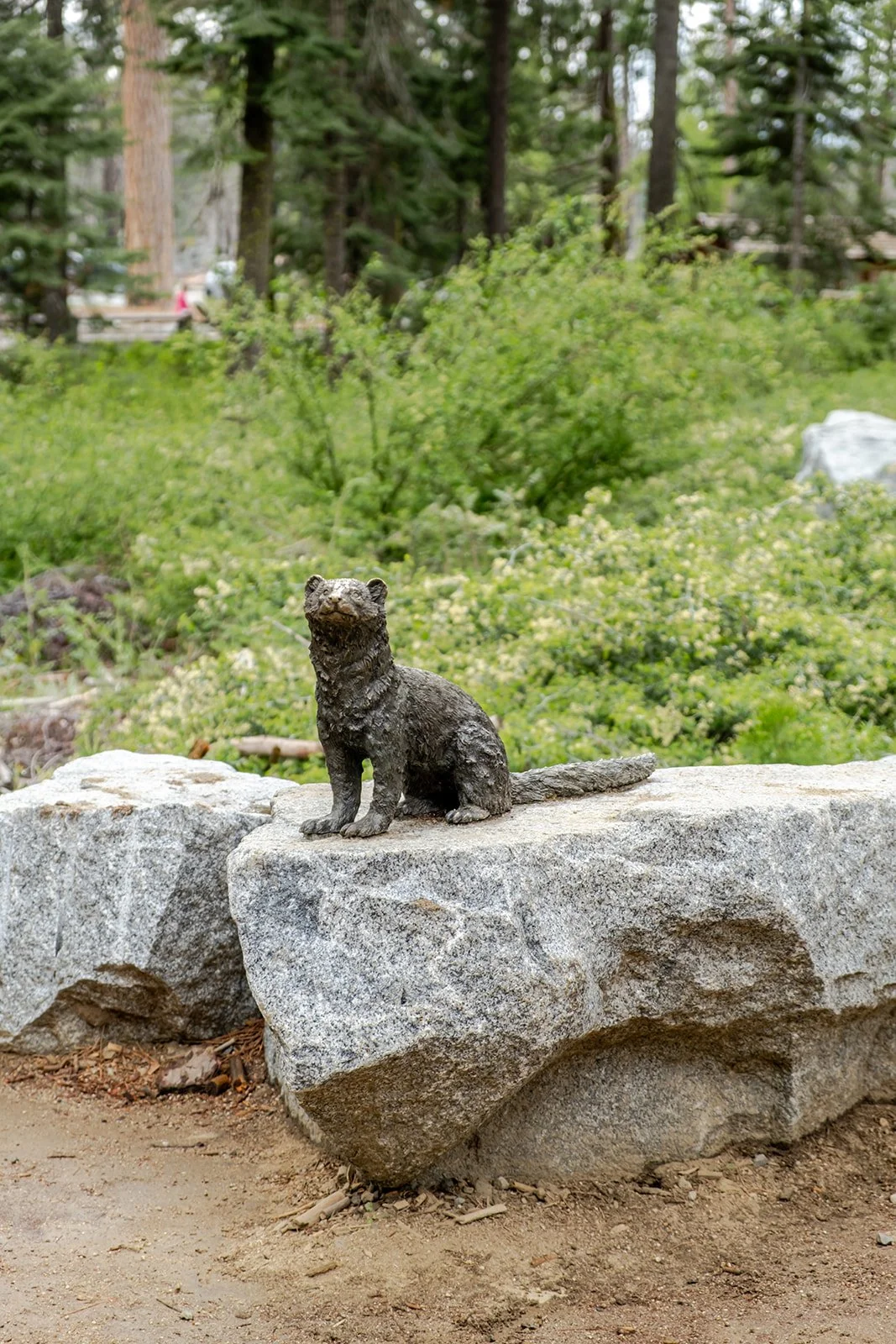 A small bronze sculpture of a dog sitting on a large rock in a lush green park with trees and bushes in the background.