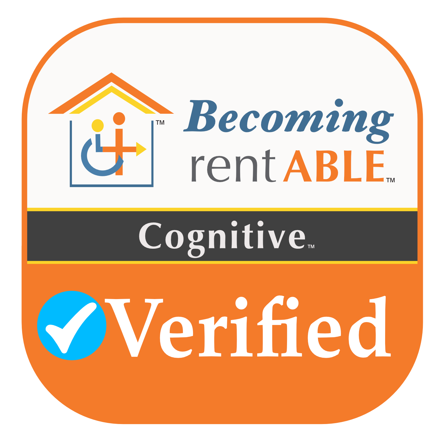 A certification badge for being a verified, becoming rent-ABLE, and having cognitive considerations, related to housing or rentals.