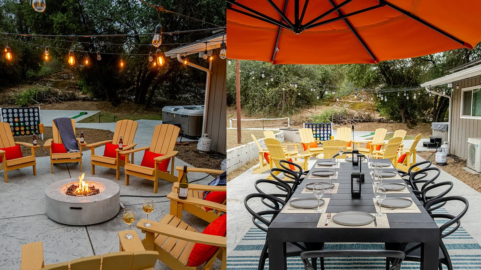 Outdoor patio with string lights, fire pit, yellow Adirondack chairs with red cushions, a dining table set for a meal, and a large orange umbrella.