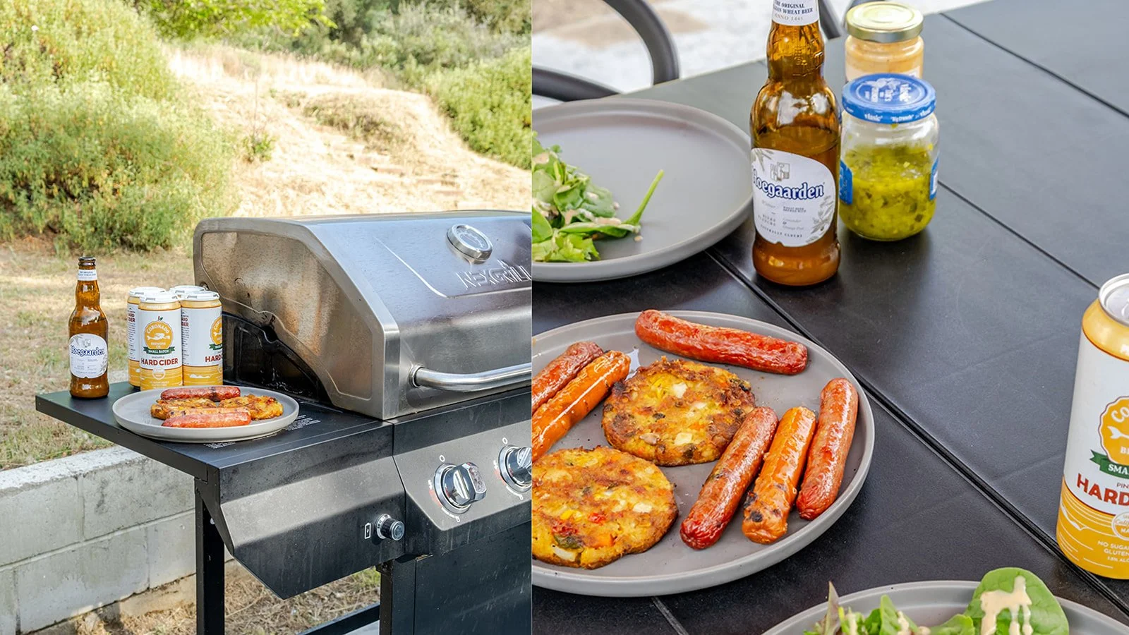 Outdoor barbecue setup with a grill on a table, bottles of beer and canned drinks, and plates of cooked sausages and veggie burgers on a dining table.
