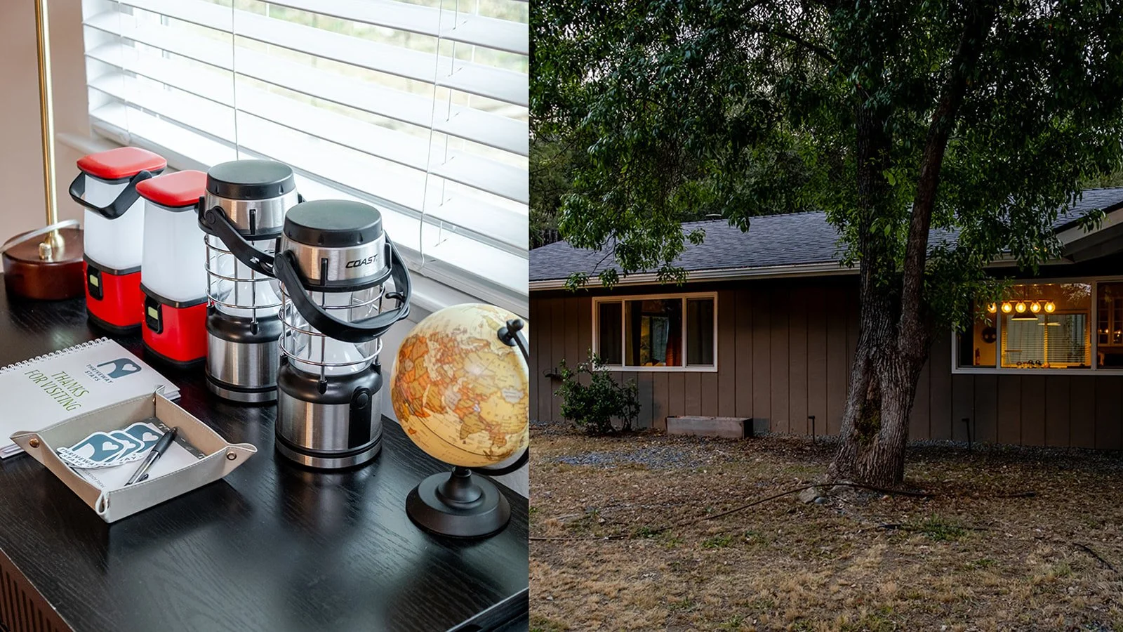 Split image showing a desk with three stainless steel and black thermoses, three small white and red lanterns, a globe, and reading materials in a well-lit room with white blinds; the other side shows the exterior of a house with brown siding, a larg