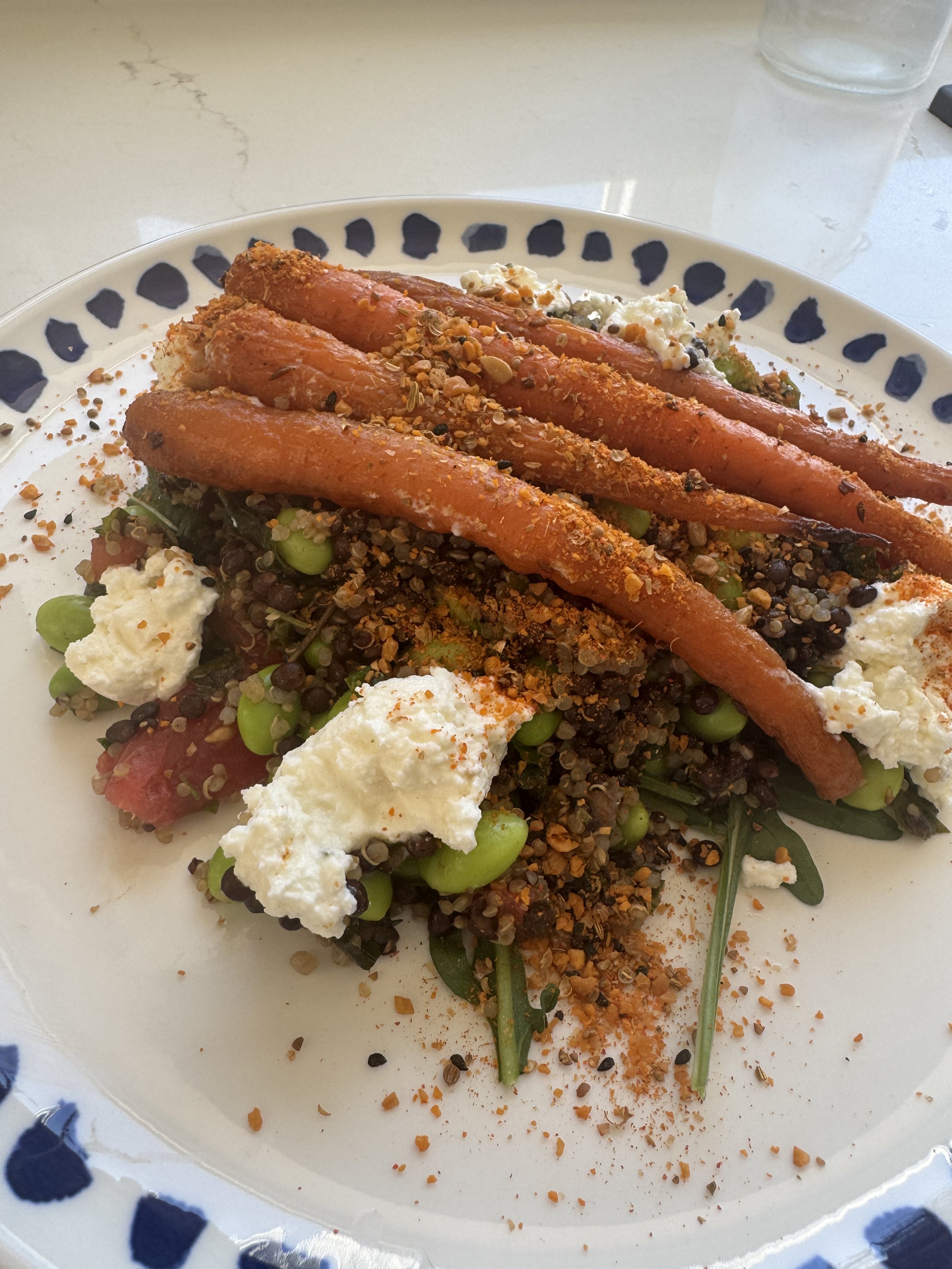 Warm Salad of Roasted Carrot, Puy Lentil and Quinoa with Whipped Feta