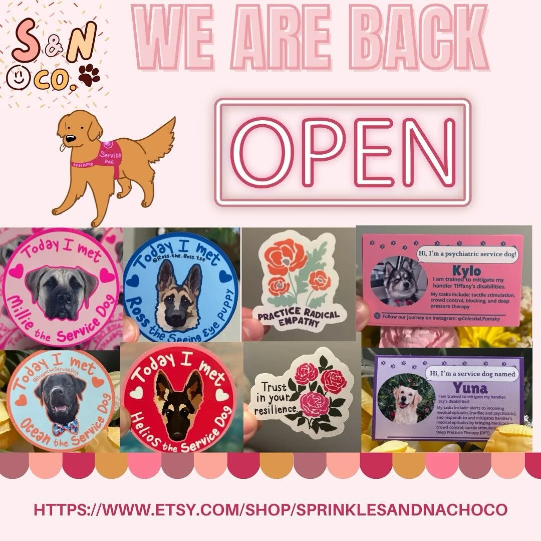 We are back open on our Etsy! Thanks so much for your patience and stay tuned for our new space! 

#smallbusiness #smalletsy #etsy #smallshop #etsyshopowner #raleigh #nc #servicedog #servicedogintraining #assistancedog #ada #disabilityawareness #youm