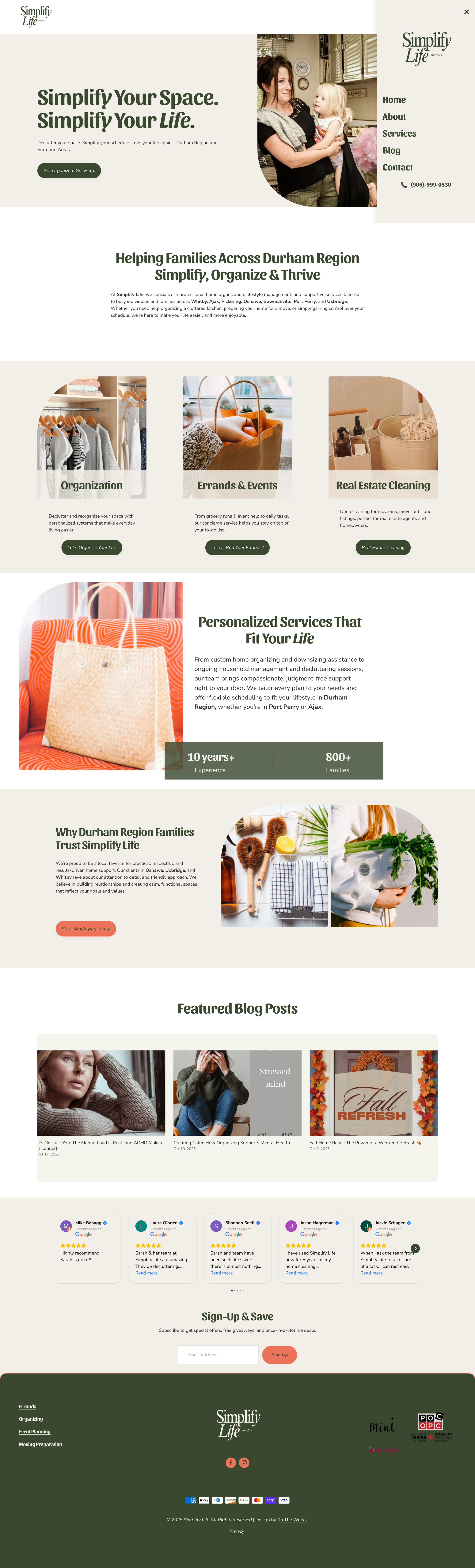 Homepage of Simplify Life, a home organization service website, featuring a woman with a child, service categories like Organization, Errands & Events, and Real Estate Cleaning, and blog posts about household topics.