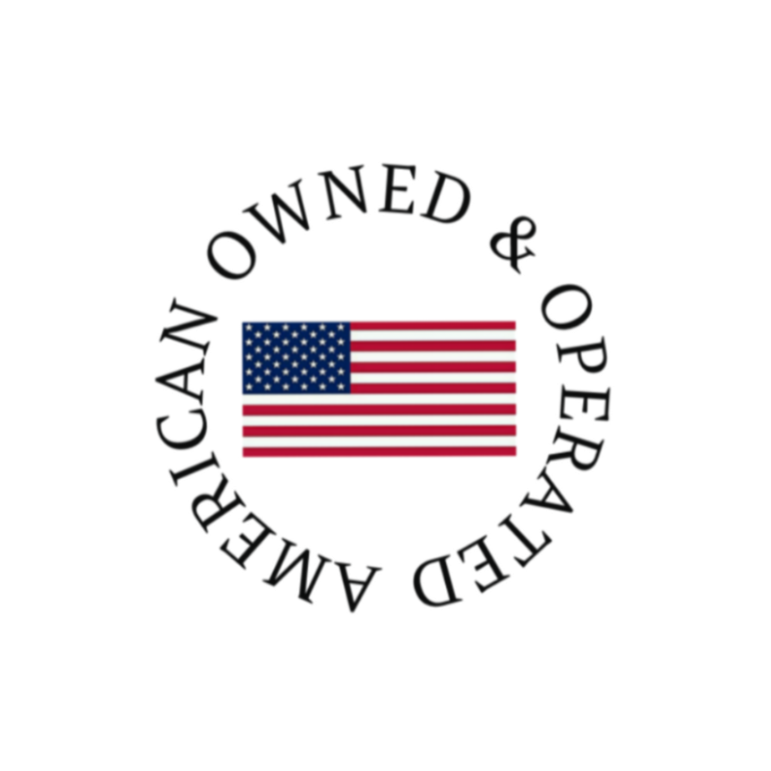 Seal with an American flag and the words "American Owned & Operated" surrounding it.