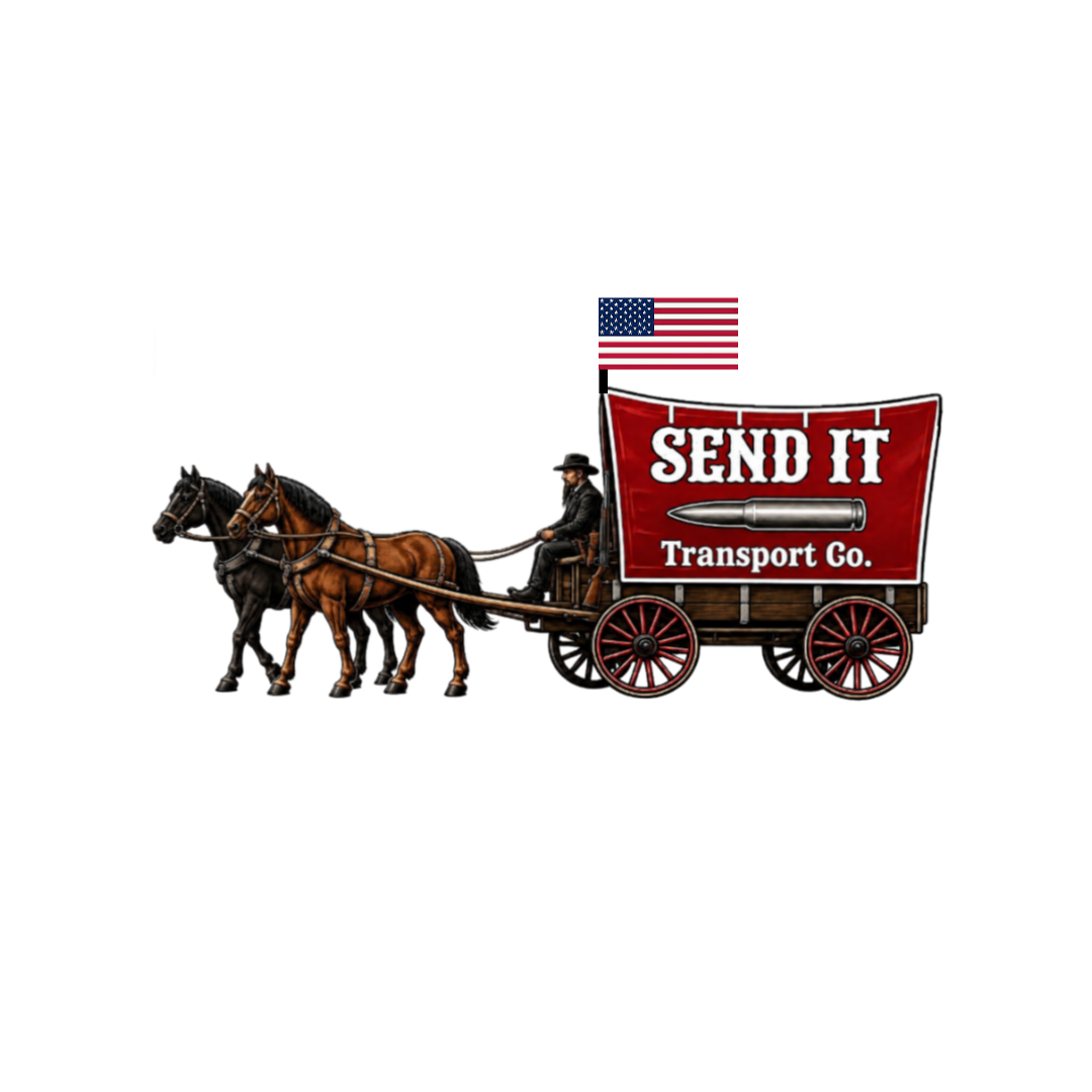 Horse-drawn wagon with a red sign that reads 'Send It Transport Co.' and an American flag, with a bullet graphic.