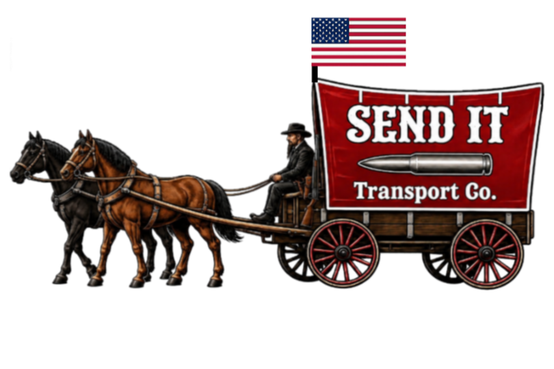 A vintage horse-drawn wagon with a red sign that says 'Send It Transport Co.' and a graphic of a bullet. An American flag is attached to the wagon.