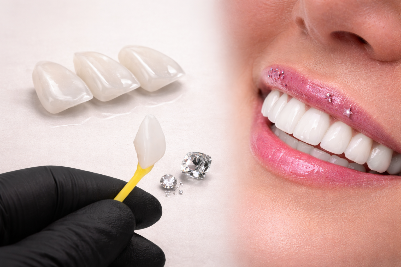 High-quality ceramic veneer sample displayed next to gemstones, representing precision and luxury in ceramic smile design, alongside a bright, natural-looking smile achieved with ceramic veneers.