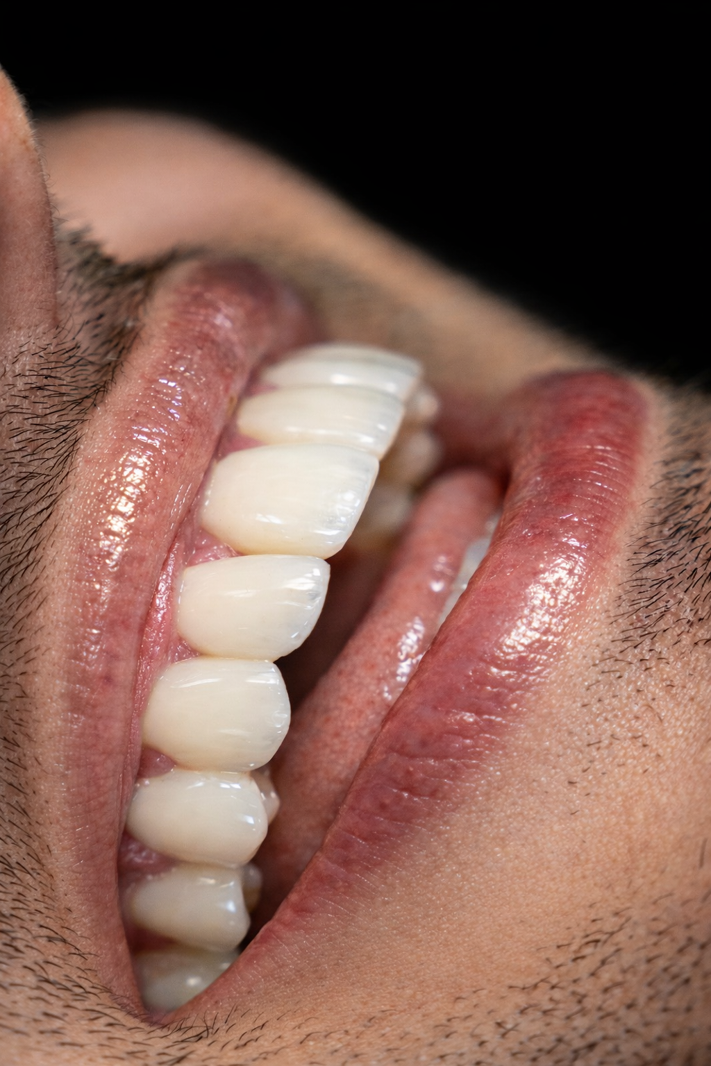 Close-up of a male patient smile with ceramic veneers, showcasing natural-looking results and a bright, well-balanced masculine smile.