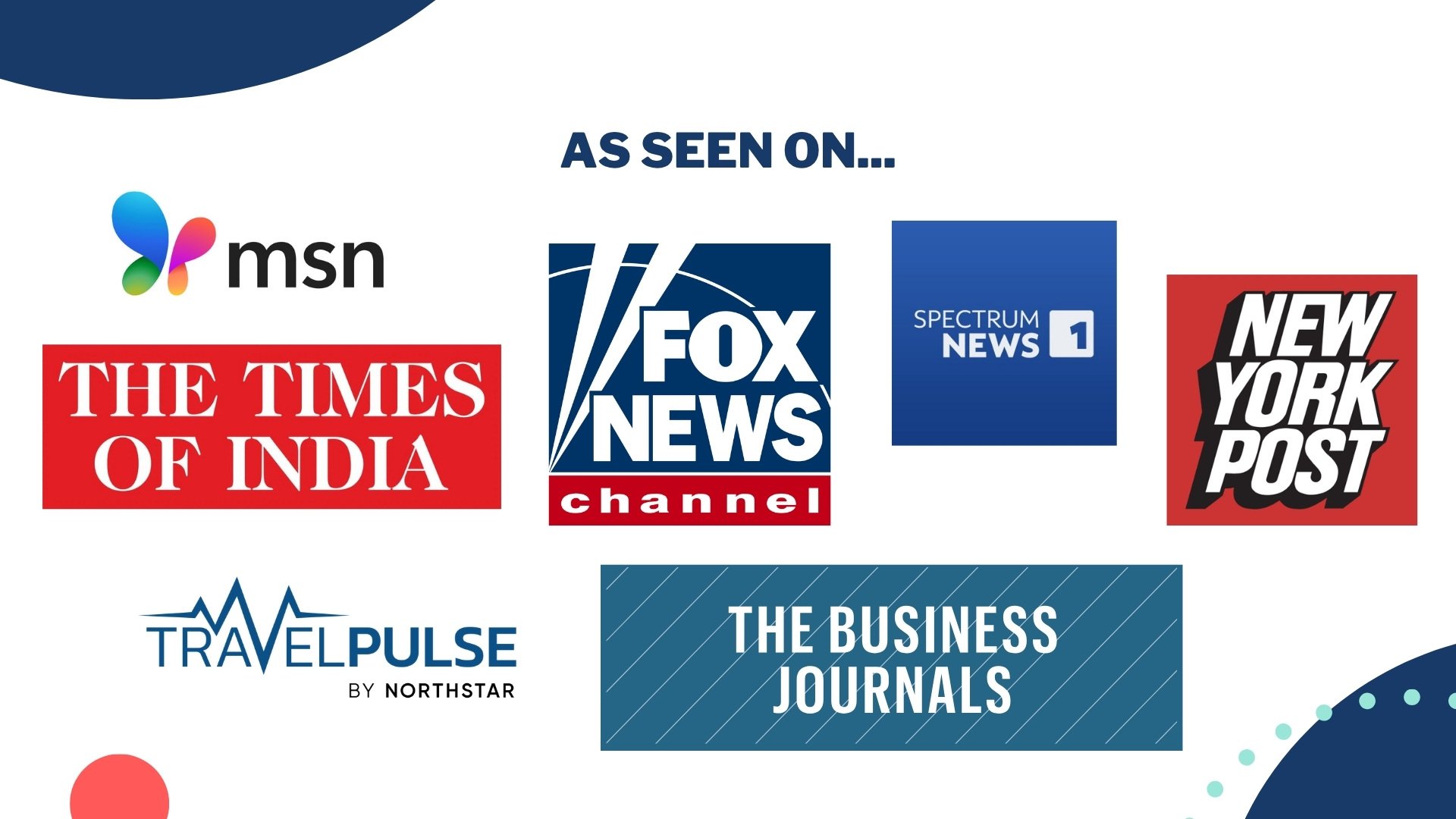 Collection of logos from various news outlets including MSN, Fox News Channel, Spectrum News 1, The Times of India, and the New York Post, with the phrase 'As Seen On...' at the top.