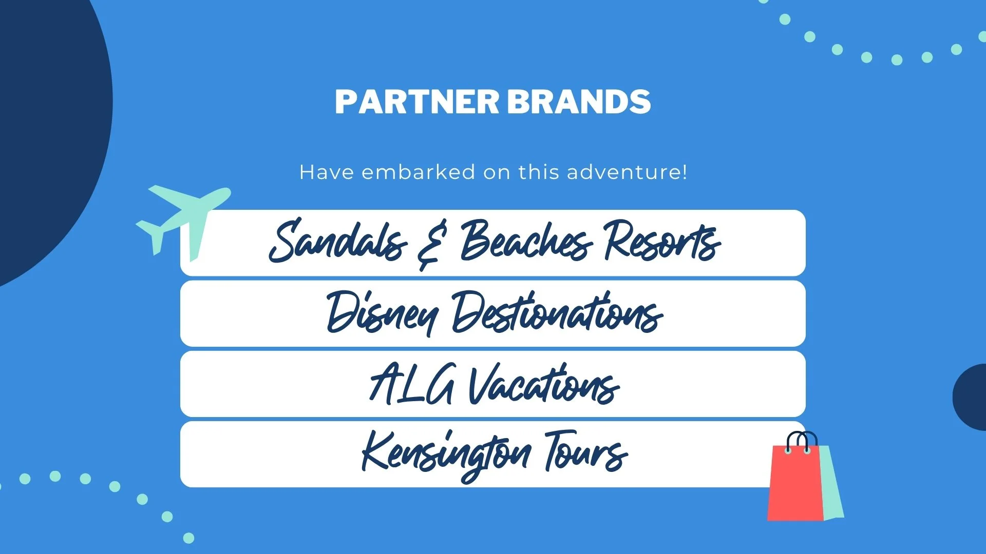 A blue travel-themed graphic with an airplane icon on the left and decorative dots in the top right and bottom left corners. The text reads 'Partner Brands' with a list of travel destinations: Sandals & Beaches Resorts, Disney Destinations, ALG Vacations, and Kensington Tours, alongside a small shopping bag icon.