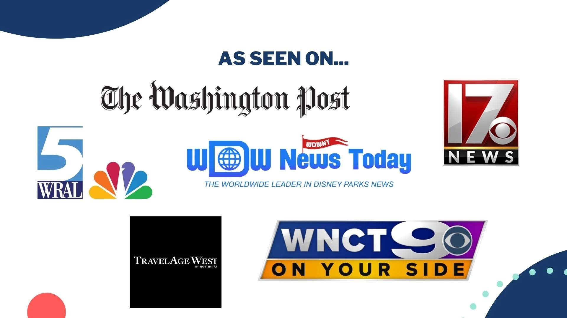 Collage of various news station logos including The Washington Post, WOW News Today, 7 News, WRAL, NBC, TravelAge West, WNCT on your side, and others.