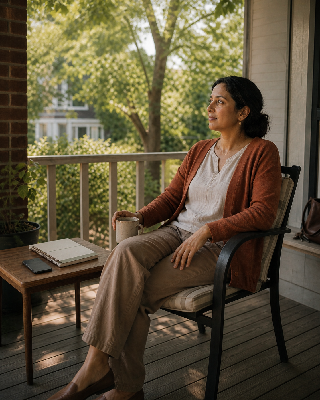 A woman sitting quietly on a porch with a journal nearby
