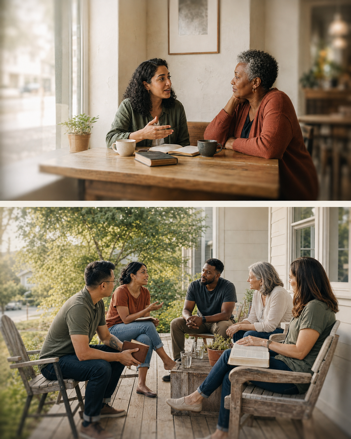 Two scenes of people sharing Scripture in honest community
