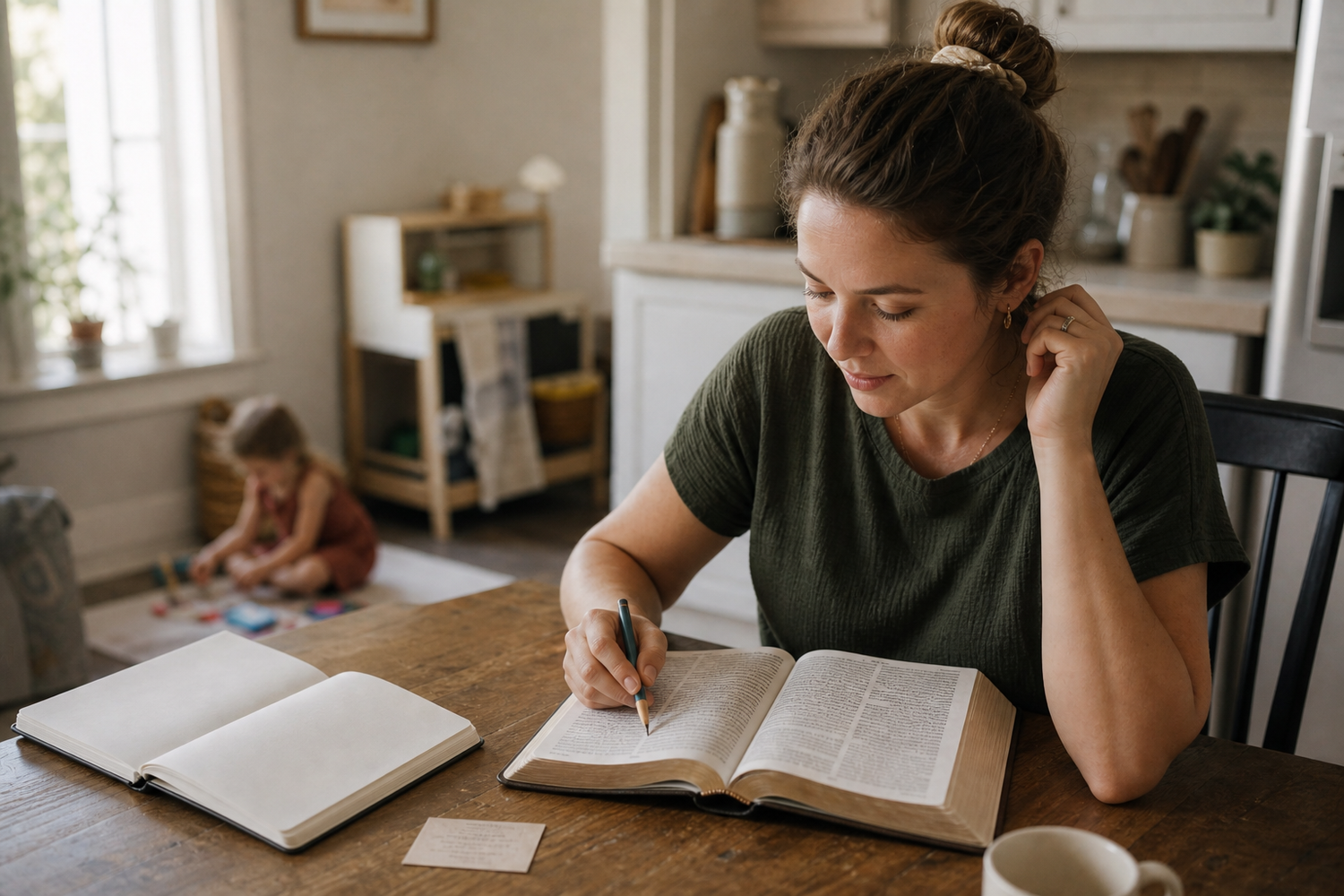 A woman reading Scripture and writing in a journal at a kitchen table