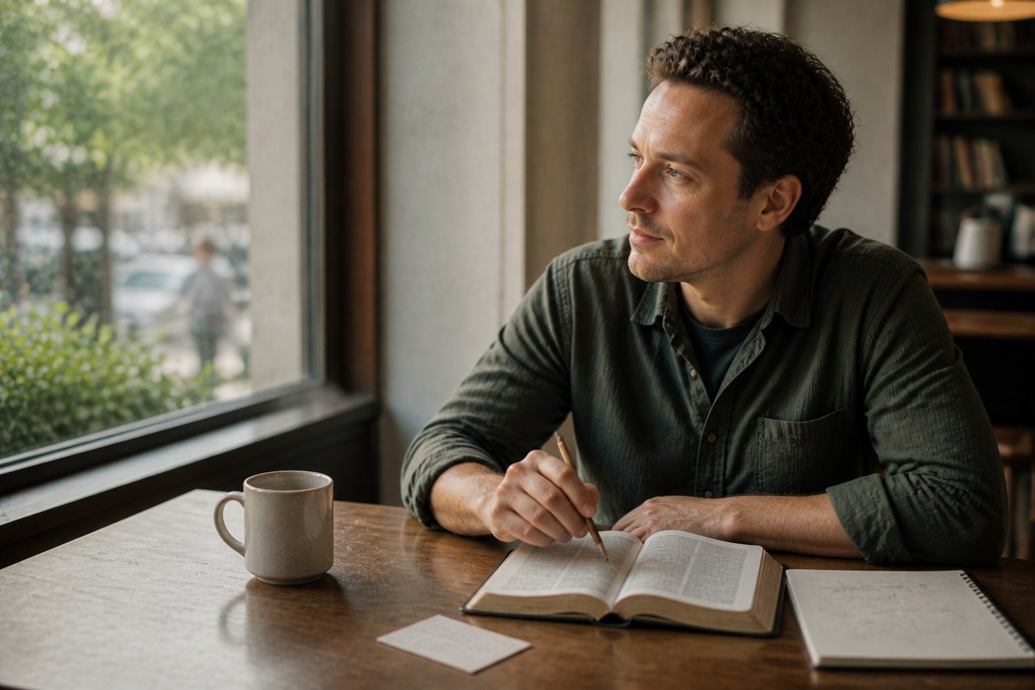 A man reflecting beside an open Bible and journal