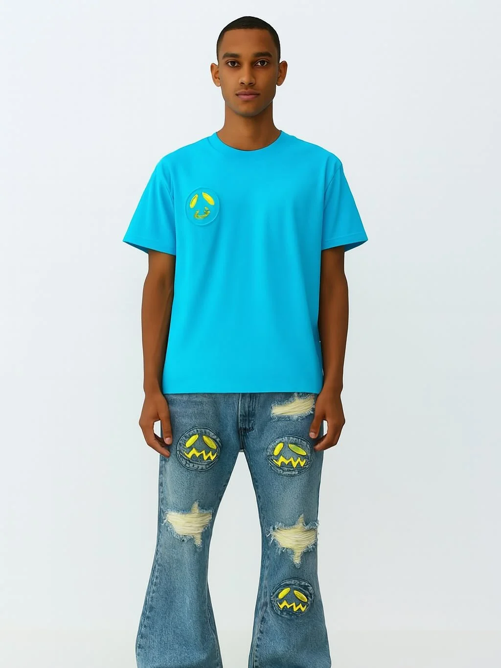 From the streets to the spotlight&mdash;this drop hits different. Custom patches, distressed denim, and that electric blue tee? Say less. Limited pieces. Unlimited presence. 

#StreetwearStatement #PatchworkDenim #BoldStyleMoves #CustomThreads #Distr