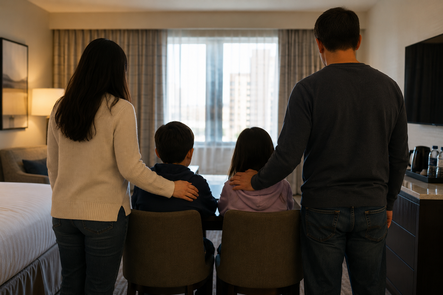 A family comforting one another in a hotel room