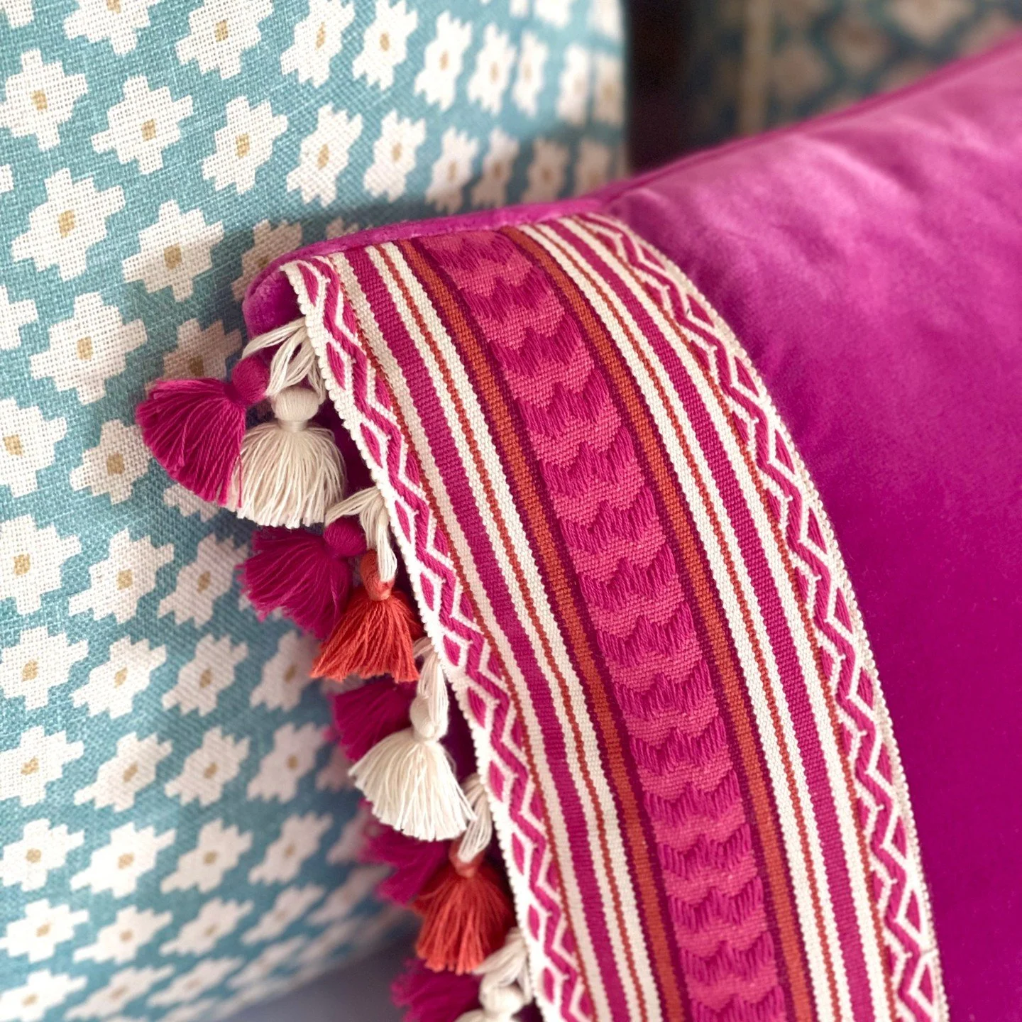 With a lot of pattern already working hard on the headboard, we were careful not to strip everything back as the bed came forward. Instead, we introduced a small-scale geometric to keep the rhythm going without overwhelming the space.

Keeping the bu