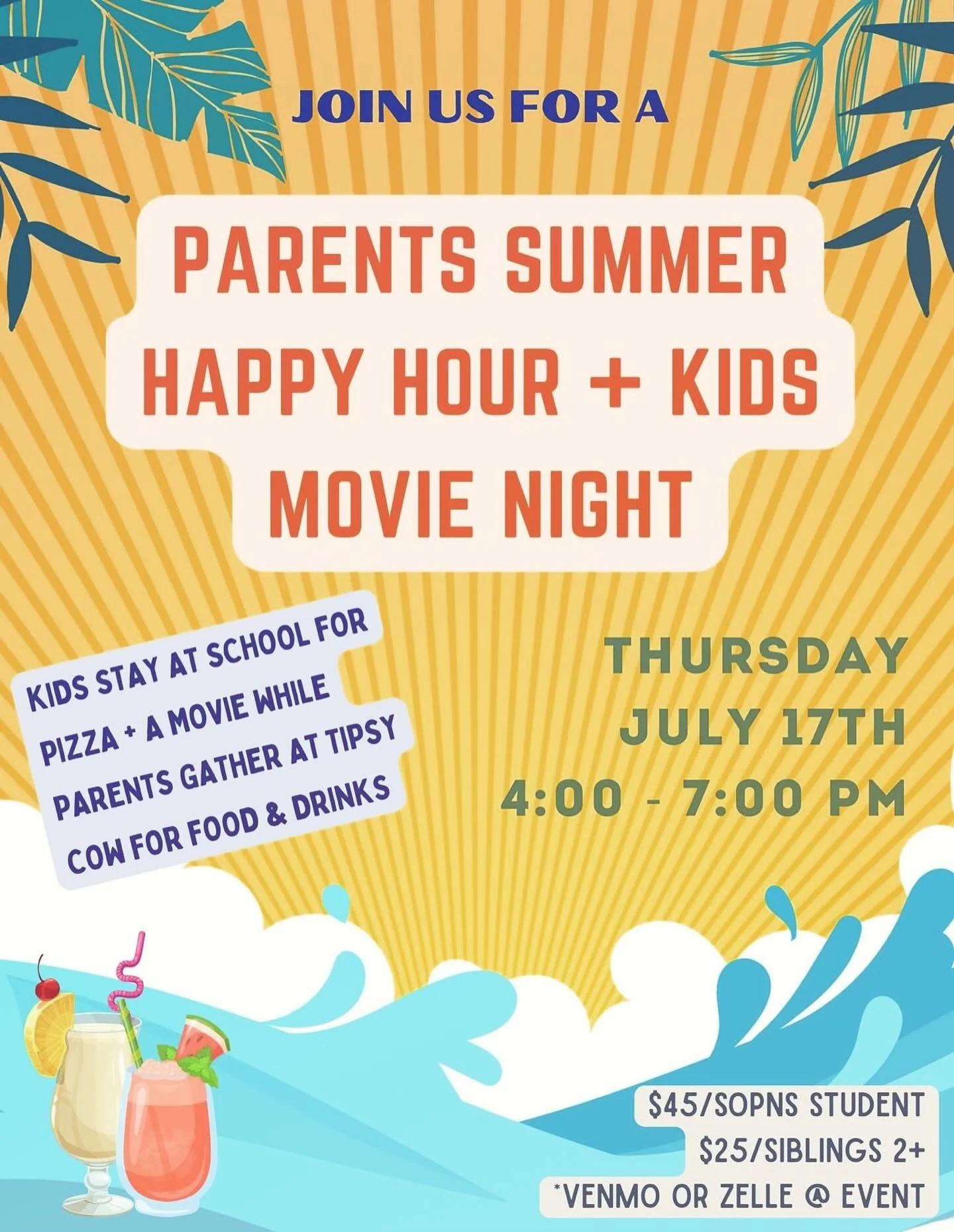 SOPNS parents! We hope you can join us this Thursday (July 17) for our summer happy hour. 🍹☀️ Check your email for the evite and please RSVP. Looking forward to seeing you then!
