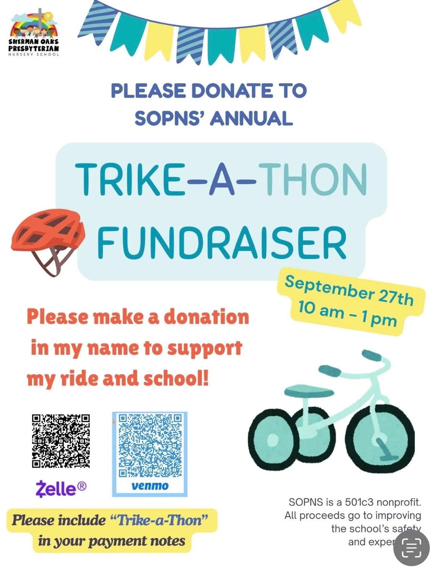 &bull;It&rsquo;s that time of year again&bull; Come out and support our students at the ANNUAL SOPNS 
 *TRIKE-A-THON*
All proceeds are tax deductible and of course there are prizes for the kids! If the students raise $7,000 there will be a school-wid