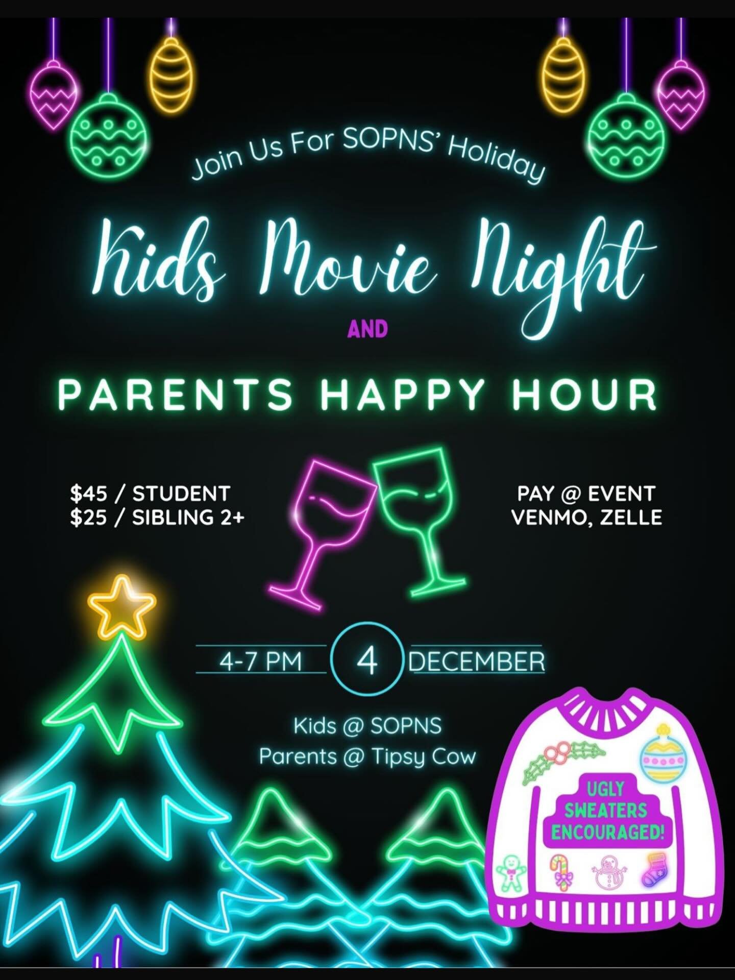 GRAB YOUR UGLY SWEATER AND GET READY FOR HOLIDAY HAPPY HOUR + KIDS MOVIE NIGHT&mdash;&mdash; THURSDAY DECEMBER 4th&mdash;&mdash; 4-7pm 🎄🎅🏼