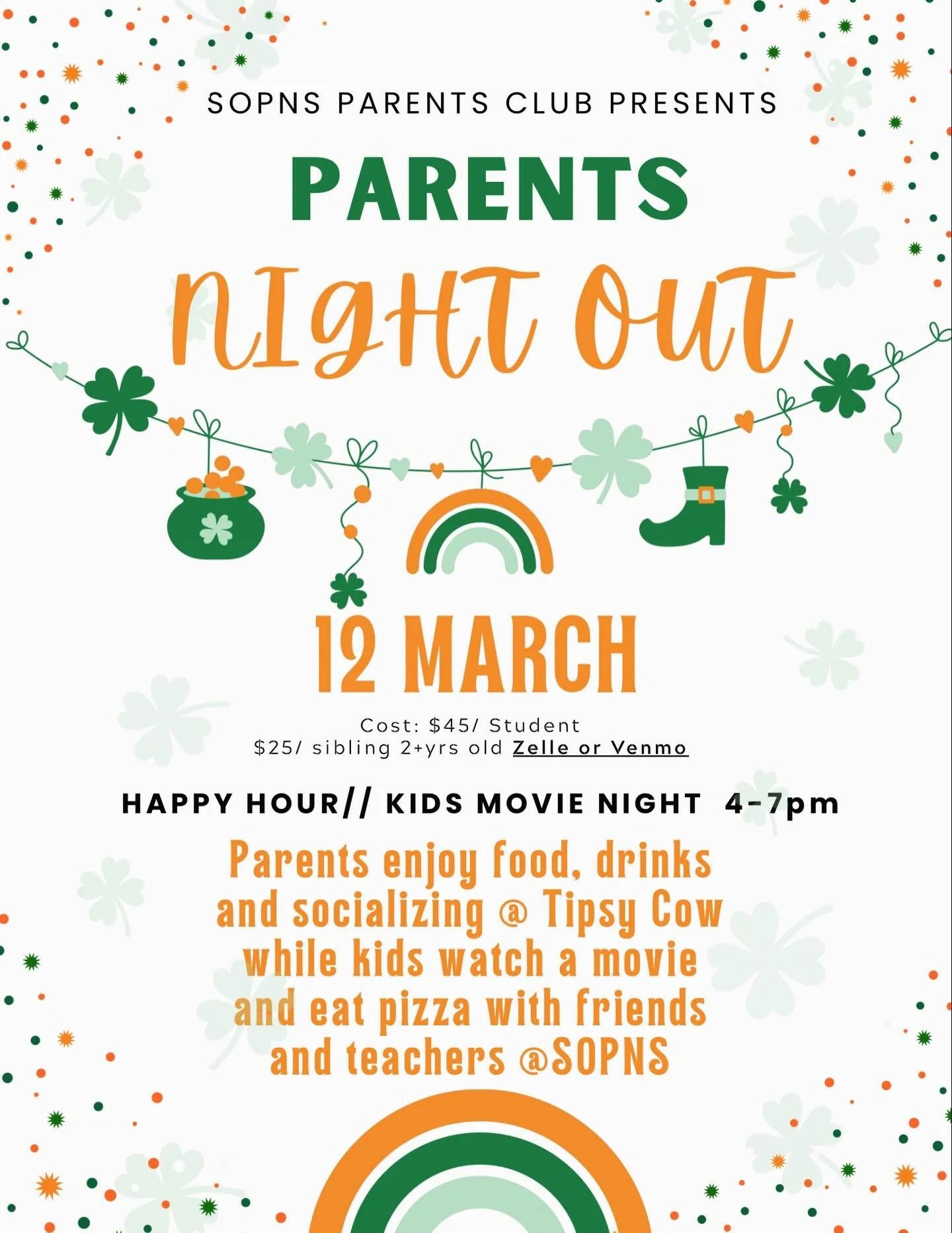 🍿✨ Parents&rsquo; Night Out Happy Hour ✨🍷

Drop the kids off at school for a cozy movie night, then head to Tipsy Cow from 4&ndash;7 PM on March 12th for some well-deserved adult time 🥂

Kid fun ✔️
Parent fun ✔️
Everyone wins ✔️

#ParentsNightOut 