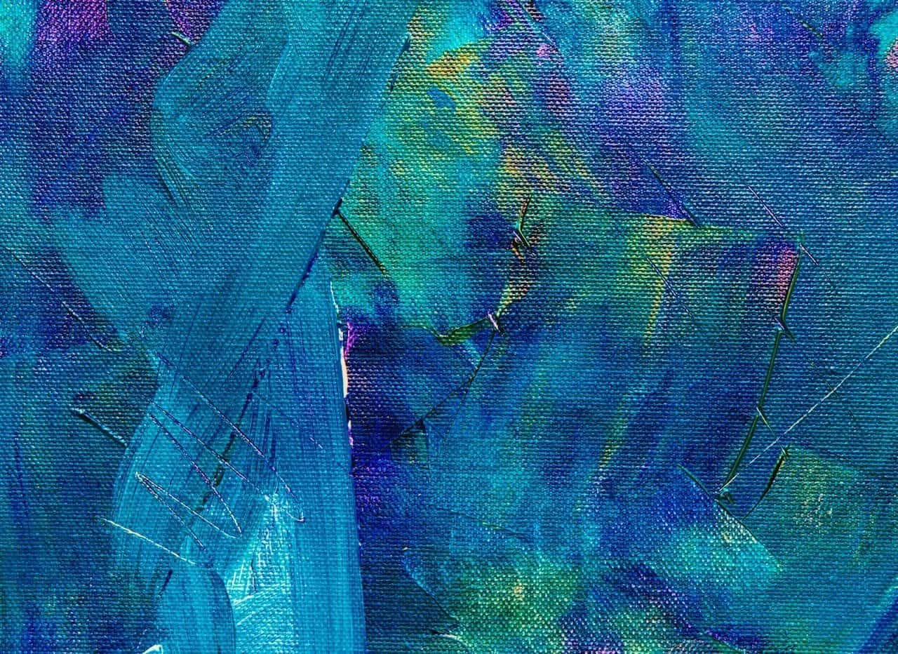 Abstract painting with bold blue, green, and purple brushstrokes and textured, layered patterns on canvas.