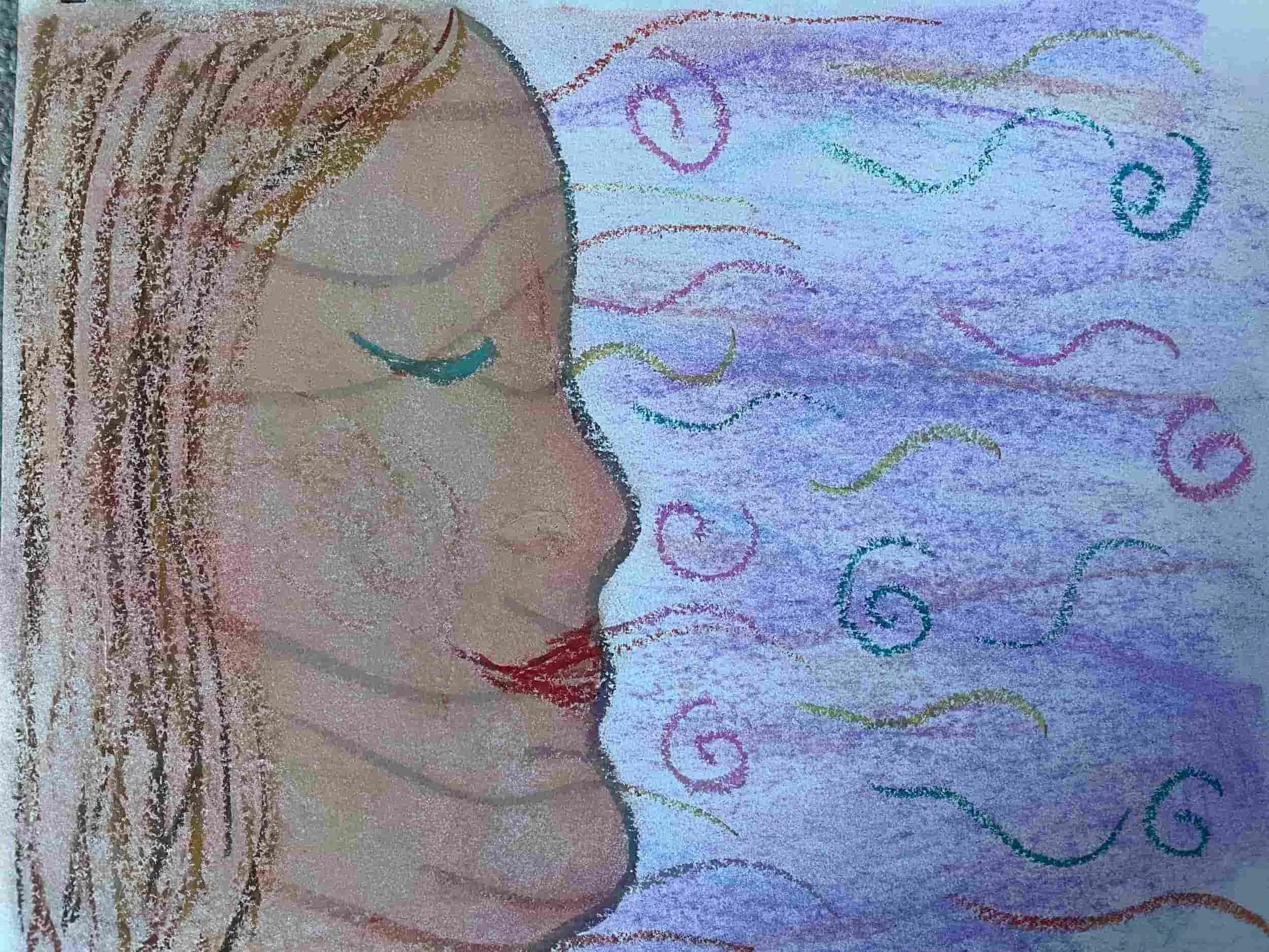 Pastel drawing of female face with relaxed expression- music & imagery in Vermont