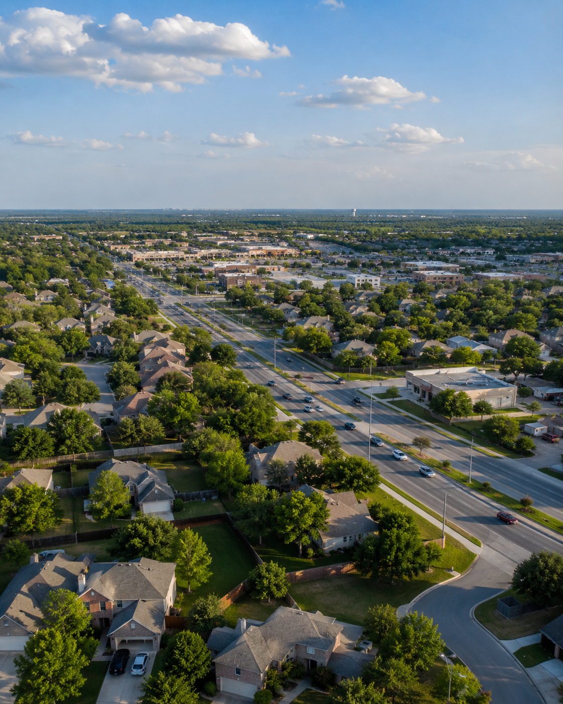 Pflugerville Texas city landscape with road and houses