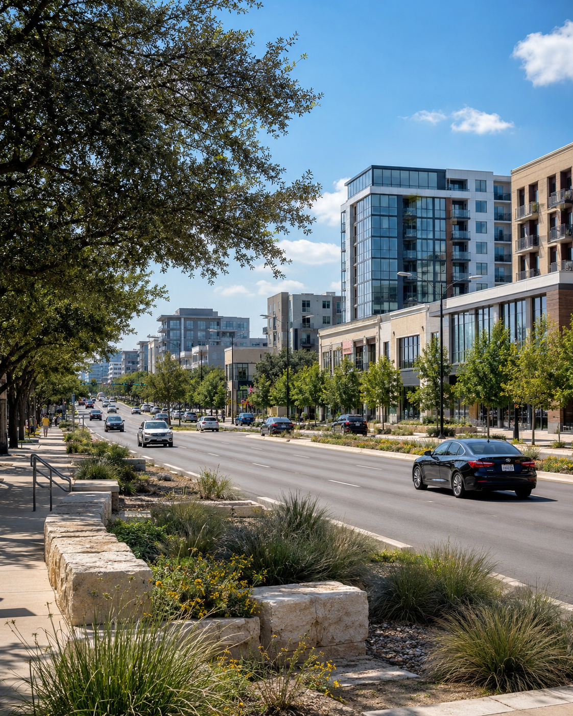 North Austin city view with busy street and cars