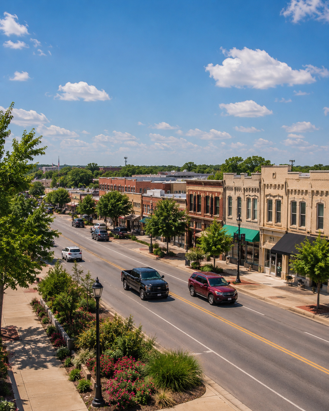 Downtown Round Rock, Texas streetscape with local shops and historic buildings