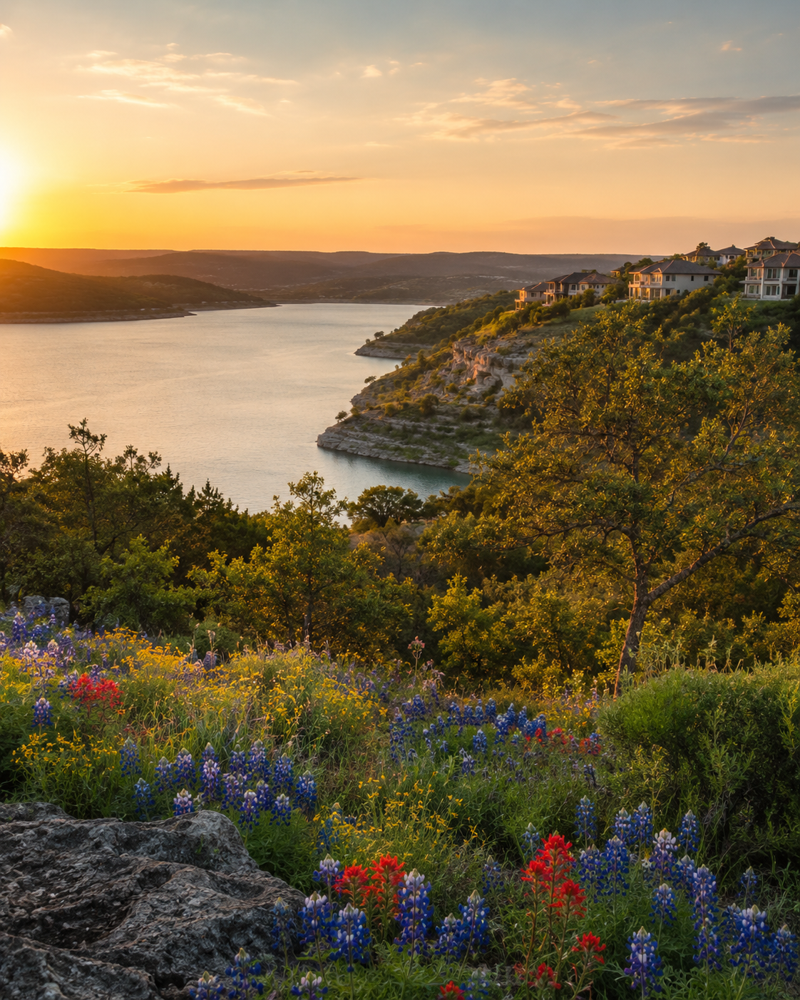 Lago Vista, Texas land view with lake and wild flowers 