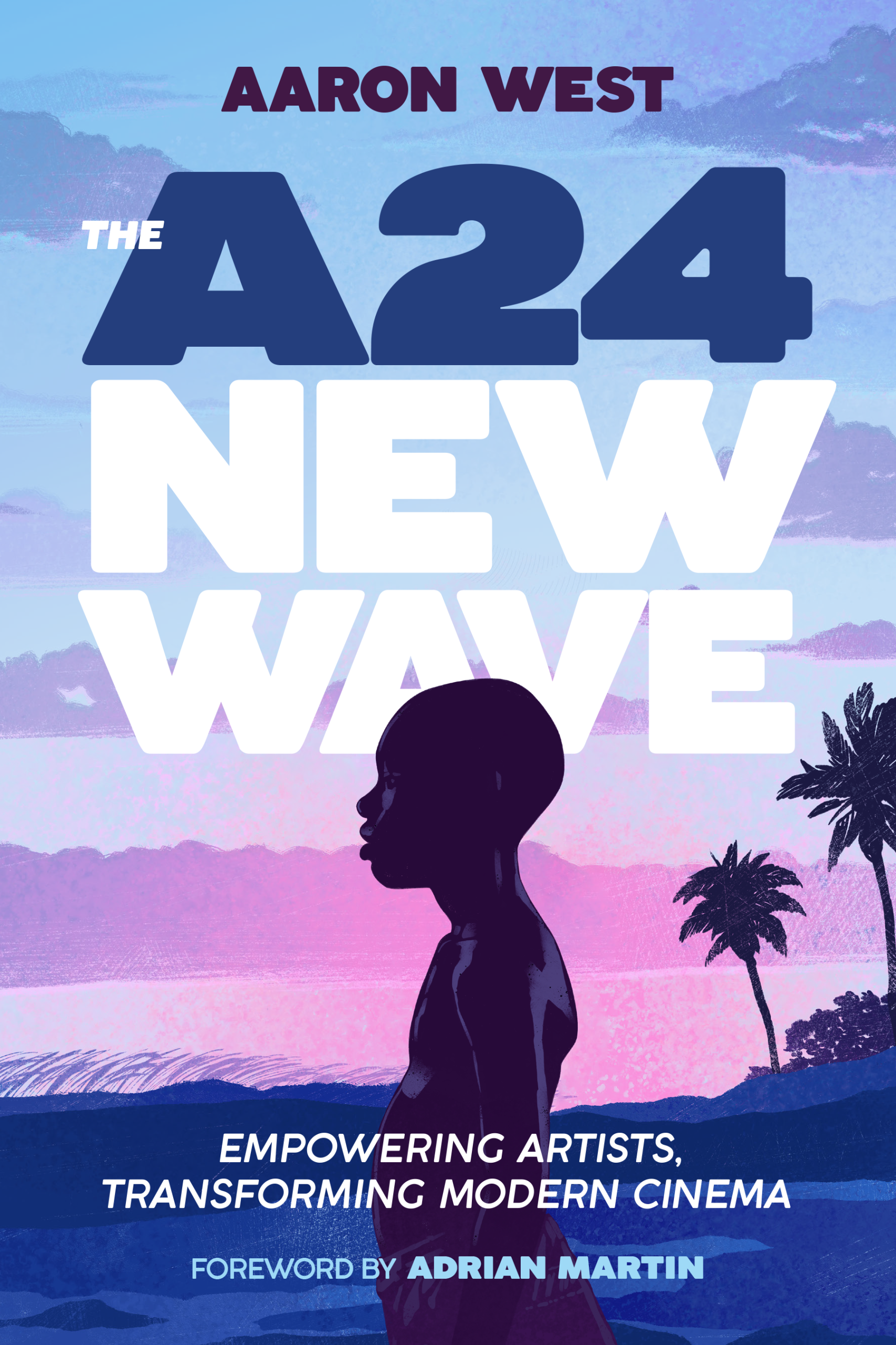 Animated image inspired by movie "Moonlight." Author name and book title in bold text at top of cover. A boy stands on a beach with blue sand looking ahead. We view him in side profile. There are two palm trees behind him. Sky is pink/blue gradient.
