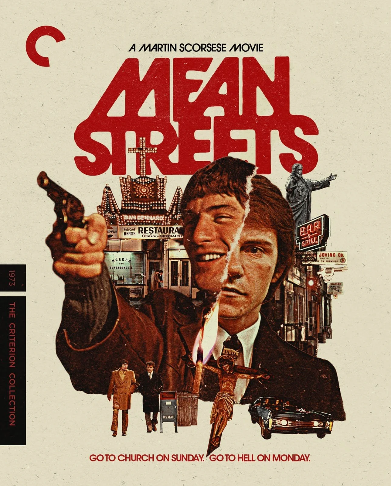 Blu-ray cover of "Mean Streets," which has a collage of people and places from the film, including a split image of Robert De Niro and Harvey Keitel in the center.