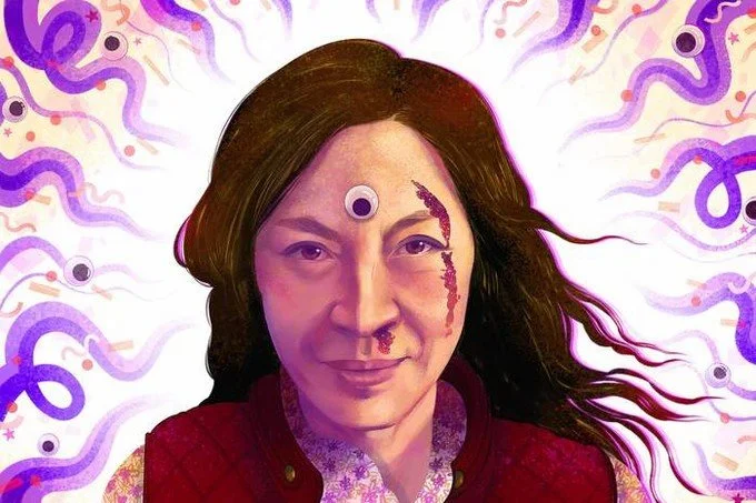 Painting of Michelle Yeoh's character in "Everything Everywhere All at Once." Yeoh looks ahead with a third eye on her forehead, blood on her cheek and coming from her left nostril. A white aura around her head and squiggly purple waves surround her.